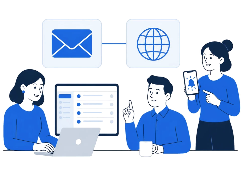 A team using business email on their own domain, on a laptop and a phone